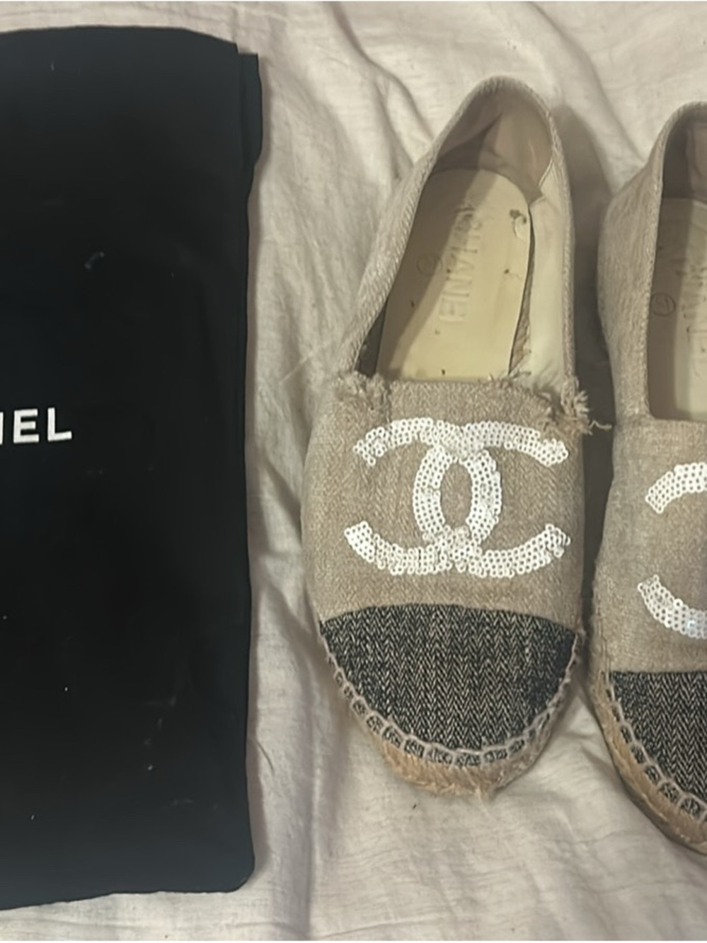 CHANEL Beige Sequin CC Espadrilles with Black Tweed Toe